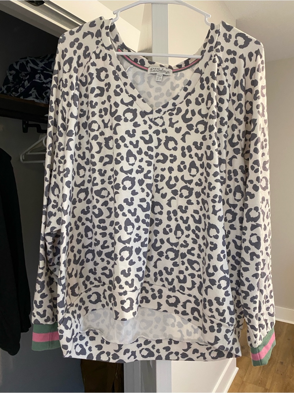 P.J. Salvage Cream Leopard V-Neck Sweater with Pink & Green Cuff Stripes